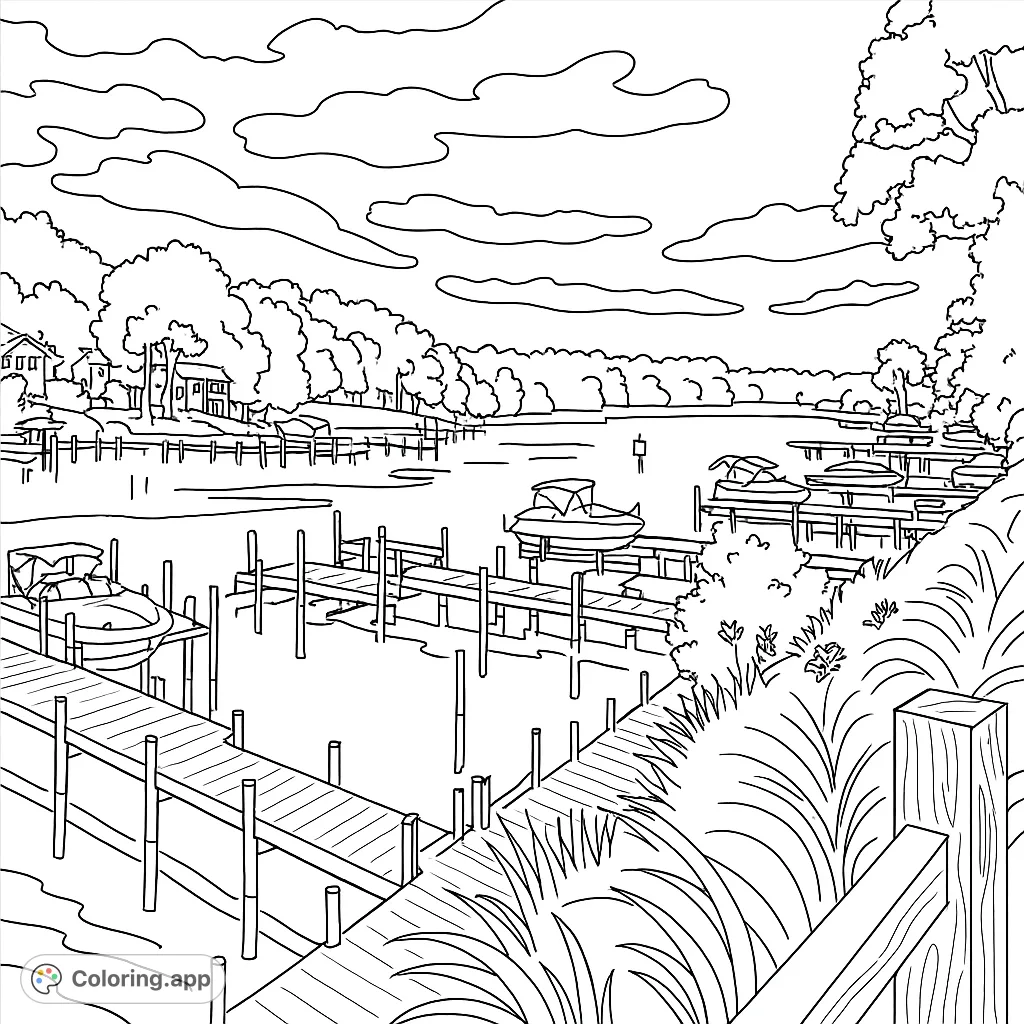 A peaceful waterfront scene featuring docks, boats, and a tree-lined shore, perfect for a relaxing coloring experience.