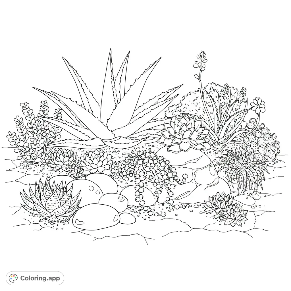 Explore a detailed succulent garden coloring page featuring Agave, Aloe Vera, Babies' Toes, and more amidst rocky desert terrain. Perfect for nature lovers!