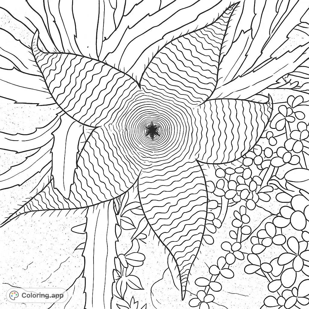 Discover an exotic star-shaped flower with intricate patterns, surrounded by unique succulents and natural textures. A captivating botanical coloring page.