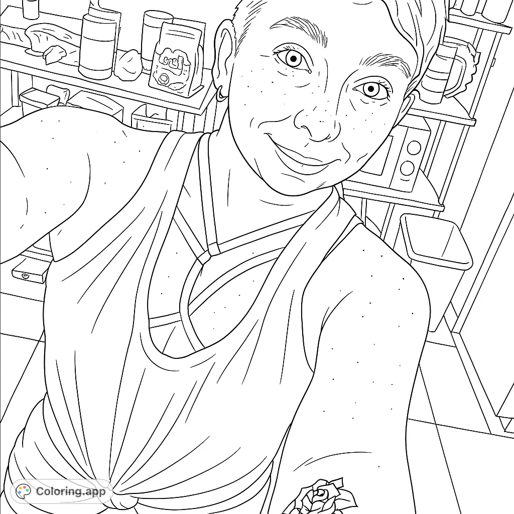 A modern portrait featuring a person with a unique top and a detailed rose tattoo, set in a casual indoor scene. Perfect for personal expression.