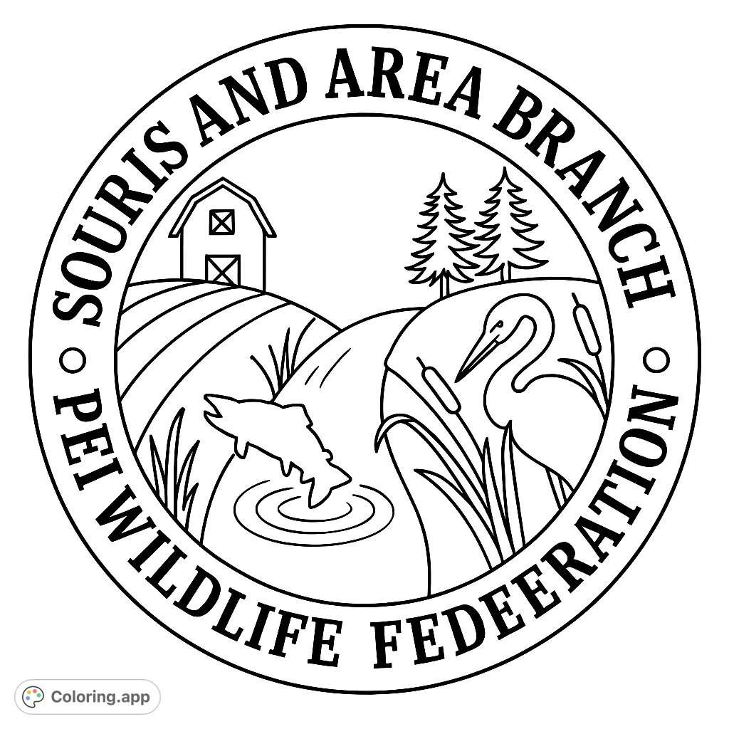 Explore a detailed wildlife landscape emblem featuring a barn, leaping fish, and heron by a river. Perfect for nature and outdoor enthusiasts.