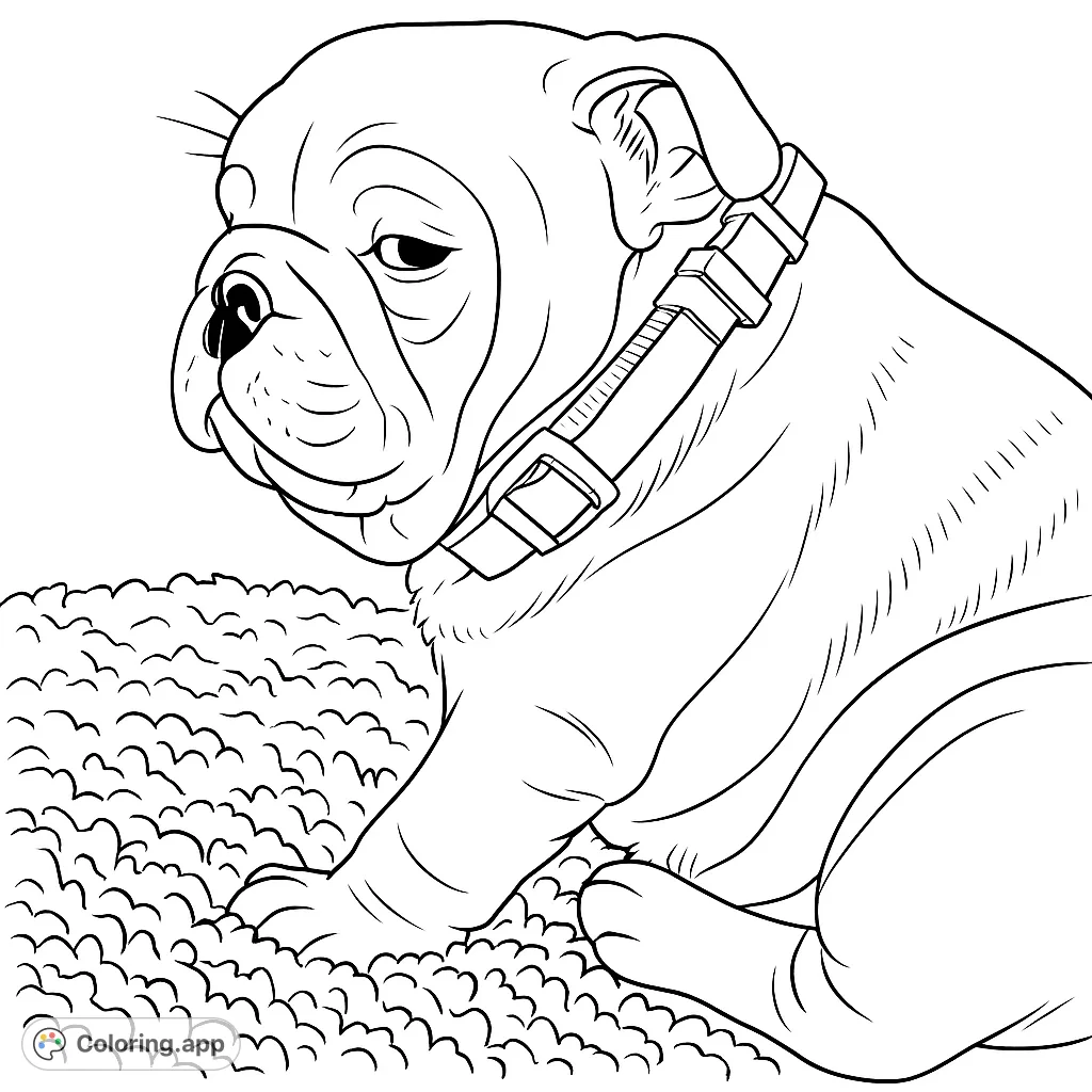 A charming bulldog puppy sits on a textured rug, wearing a striped collar. Perfect for animal lovers to color and bring to life with imagination.