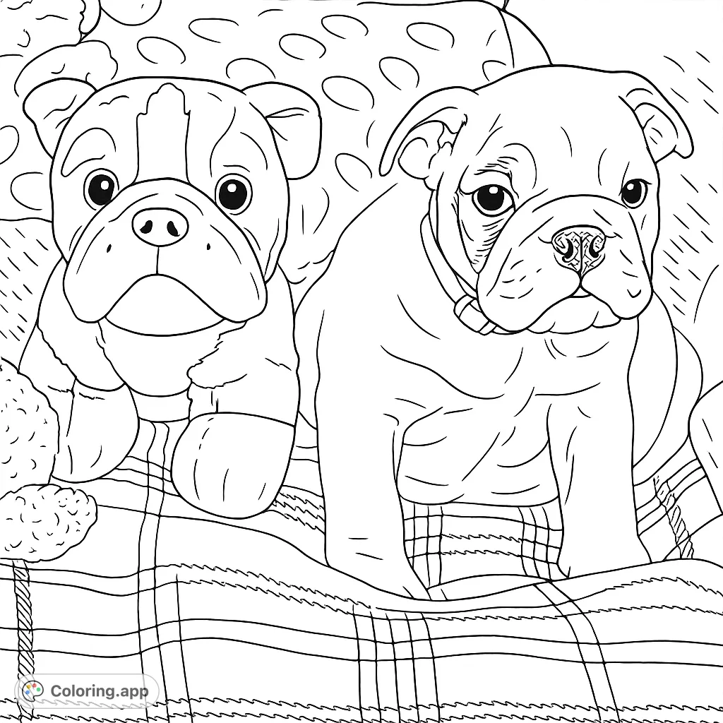 A charming bulldog puppy sits beside its plush toy companion on a cozy, patterned blanket, ready for a delightful coloring adventure.