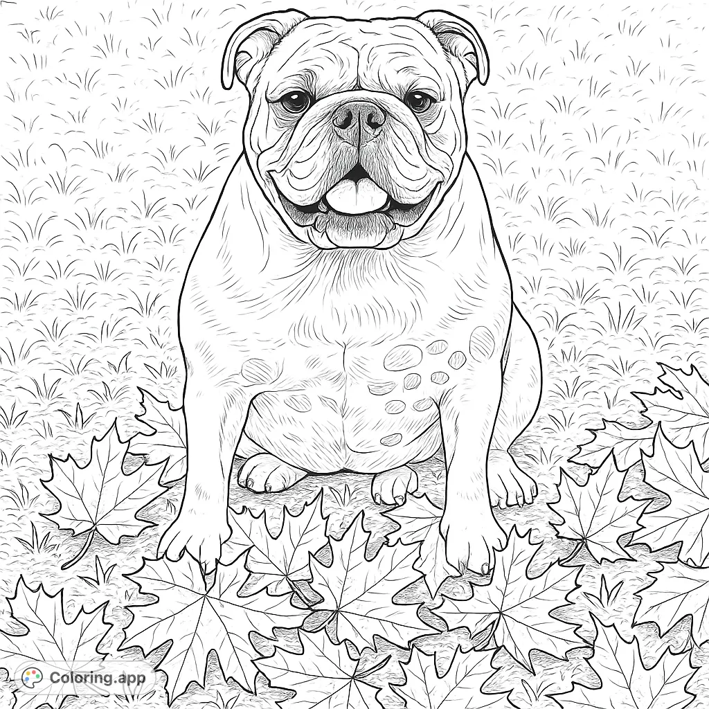A charming bulldog sits amidst a scattering of autumn leaves on a grassy ground, offering a delightful and detailed scene for a relaxing coloring experience.
