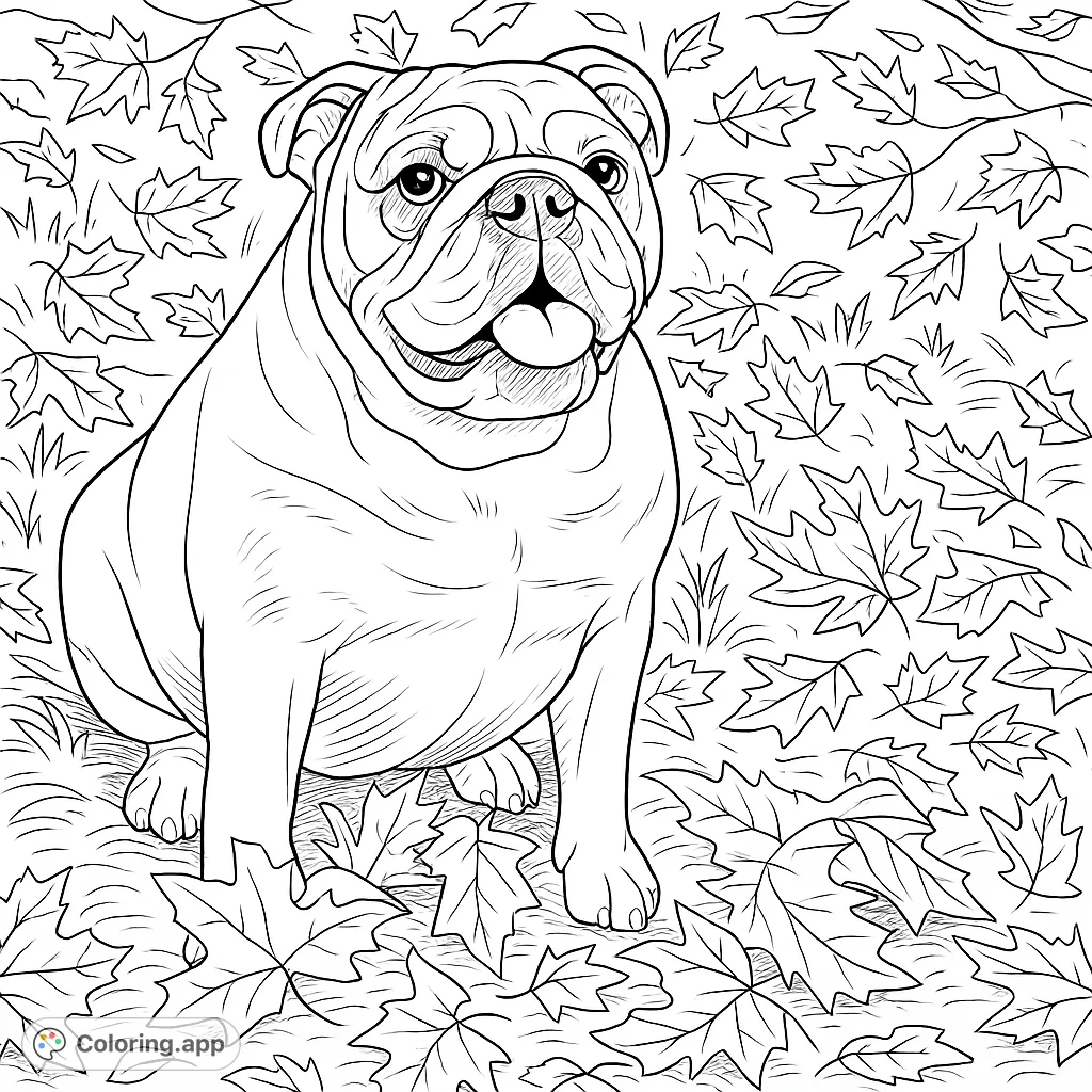 A charming bulldog sits amidst a scattering of autumn leaves, its expressive face and sturdy form ready for your creative touch. A delightful pet coloring page.