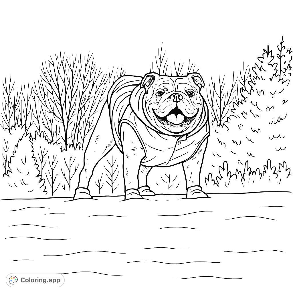 A cheerful bulldog bundled up in a cozy jacket and paw coverings, standing proudly in a vast snowy landscape with trees in the background. A delightful winter scene.