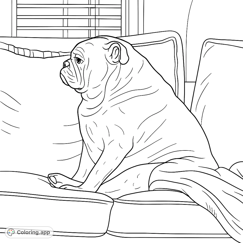 A charming bulldog sits comfortably on a plush sofa with a decorative pillow and blanket, offering a delightful scene for animal lovers to color.