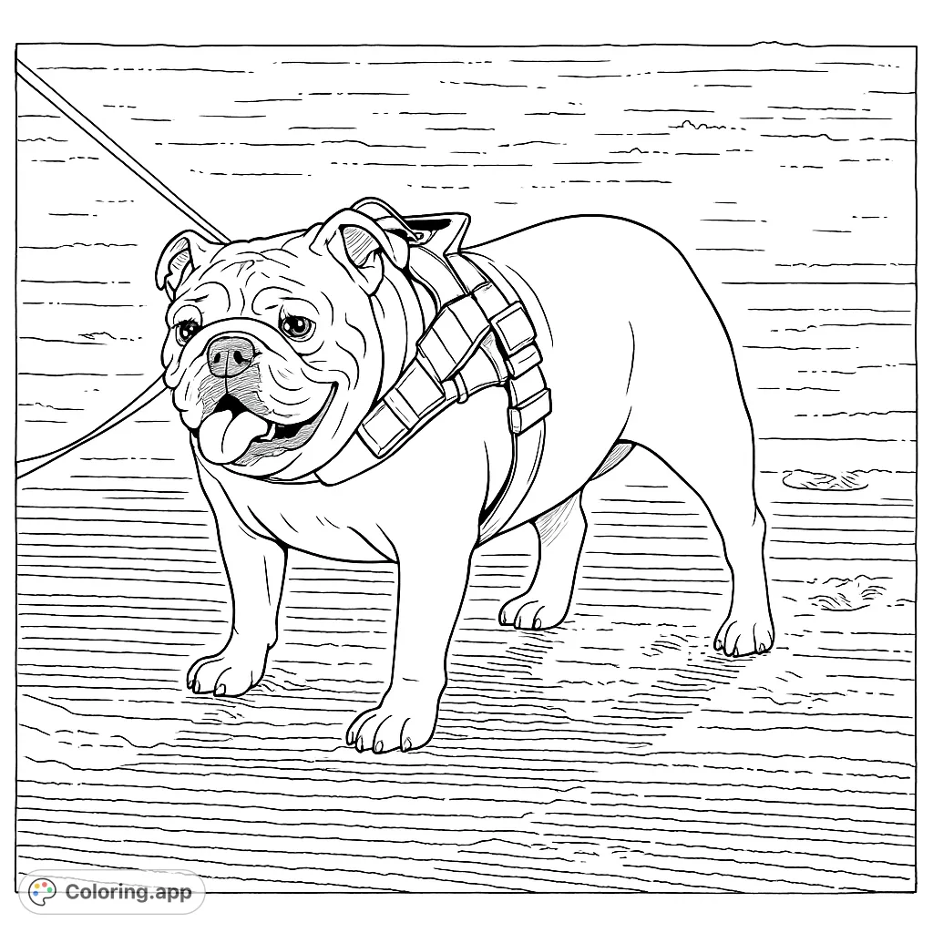 A charming bulldog stands on a sandy beach, wearing a harness and leash. Perfect for dog lovers to color and bring to life with creative shades.