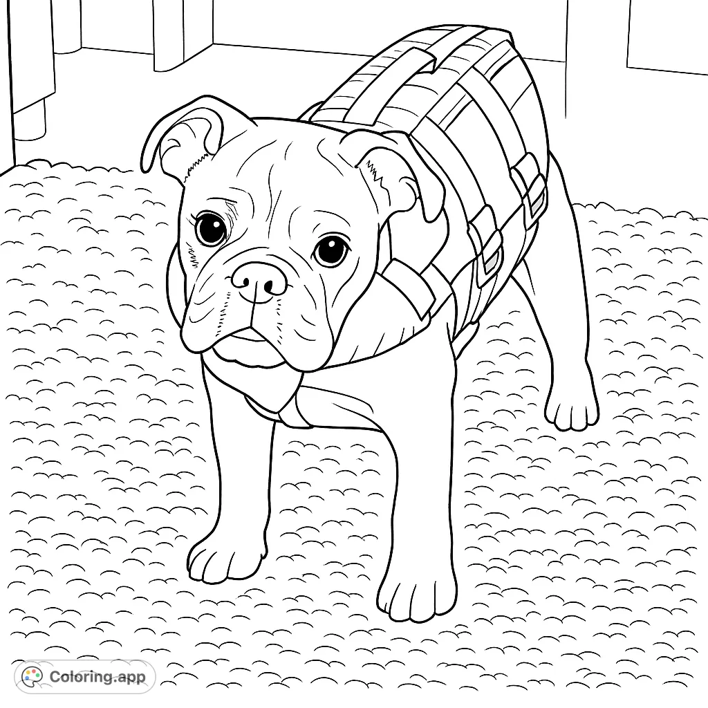 Adorable bulldog puppy in a life vest, ready for adventure. A charming scene for all ages to color.