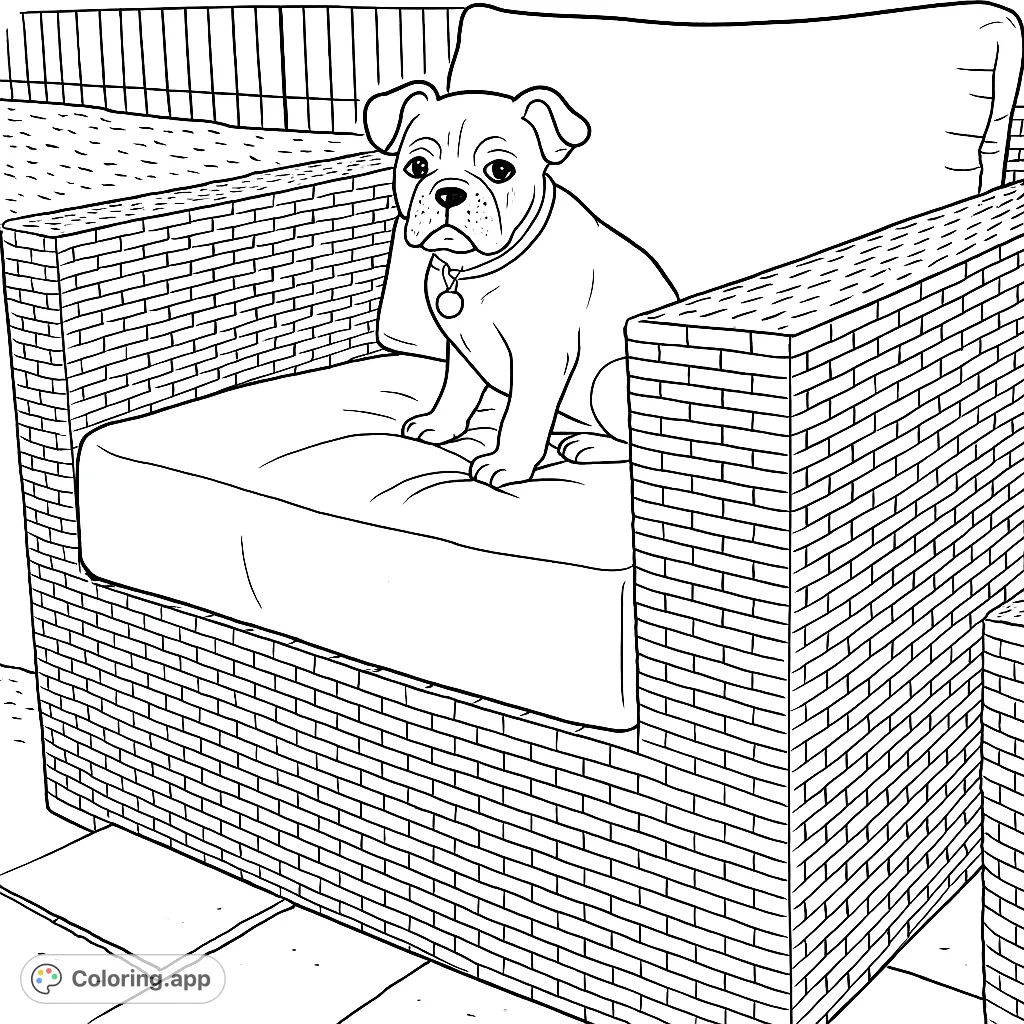 An adorable bulldog puppy sits comfortably in a woven patio chair, ready for a relaxing day outdoors. A charming animal coloring page.