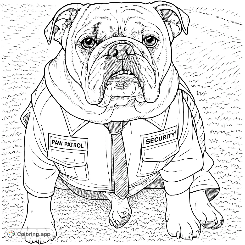 A charming bulldog in a security uniform, complete with patches and a tie, ready for duty. A fun and engaging coloring page for all dog lovers!
