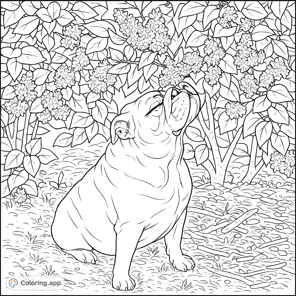 A charming bulldog enjoys the scent of spring flowers, captured in a detailed coloring page perfect for nature and animal lovers.