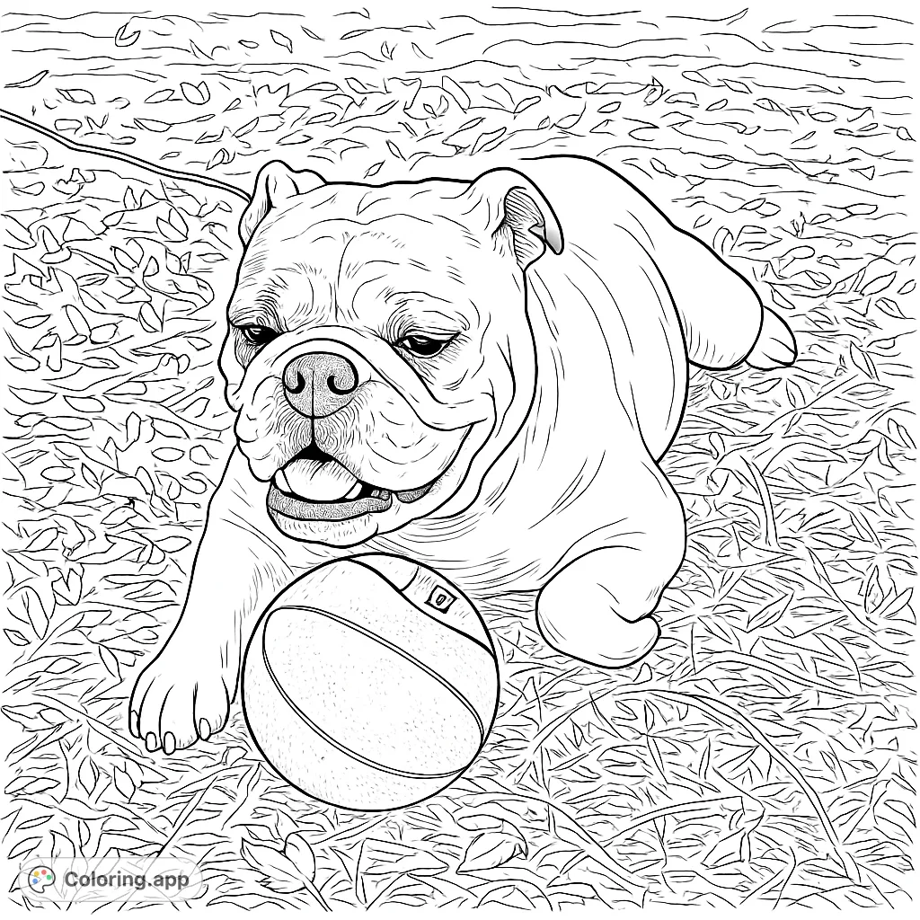 A charming bulldog rests with a basketball on a leaf-strewn ground. Perfect for dog lovers and those who enjoy detailed nature scenes.