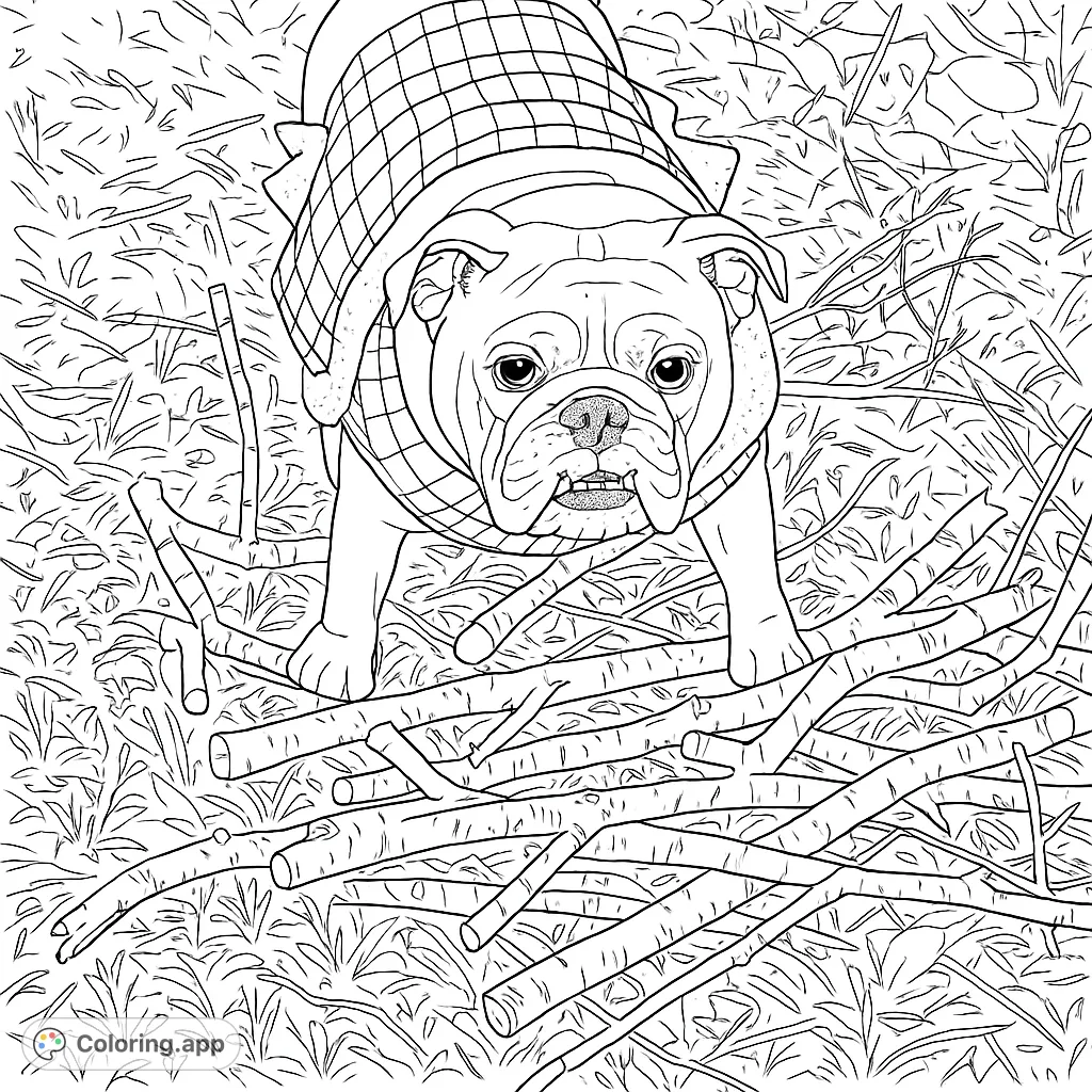 A charming bulldog in a cozy plaid jacket, surrounded by a pile of sticks, ready for a fun coloring adventure. Perfect for dog lovers!