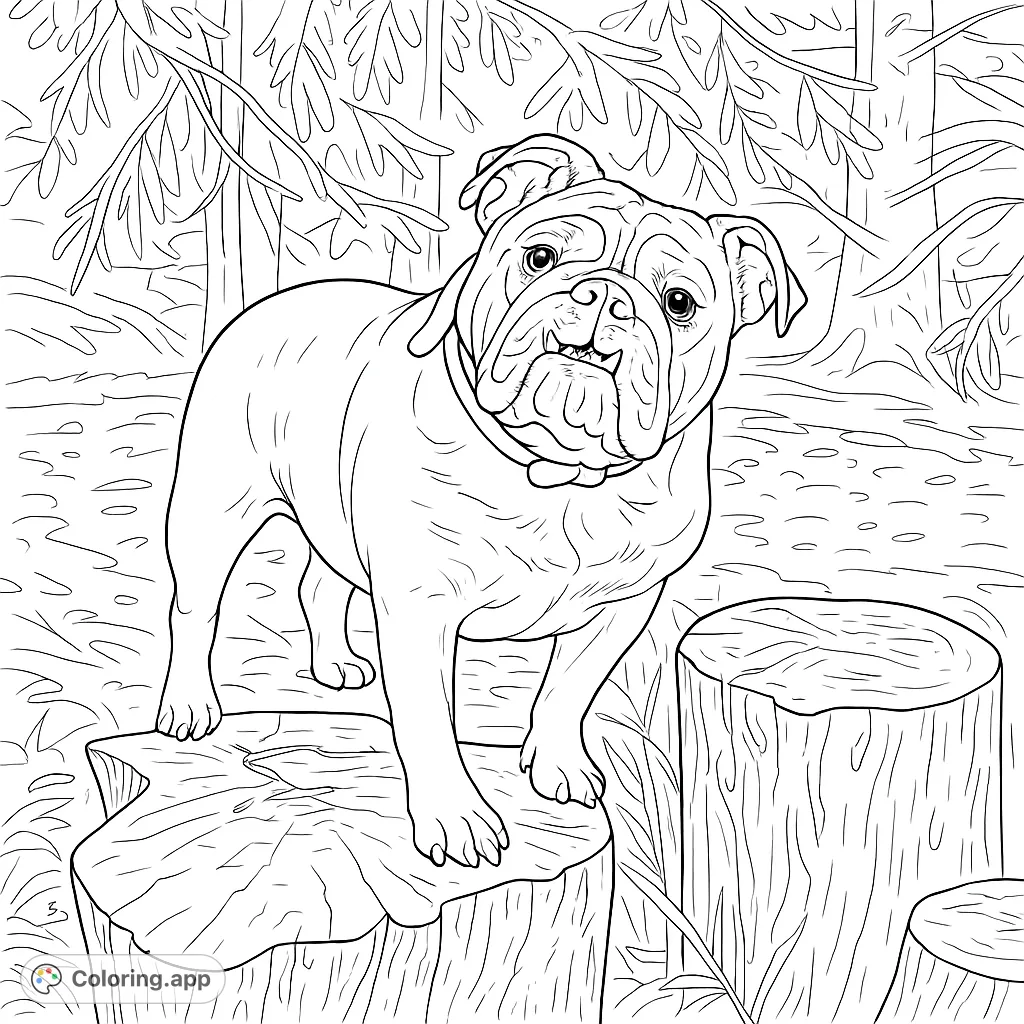 A delightful bulldog stands proudly on tree stumps in a natural setting, perfect for animal lovers to color and personalize.