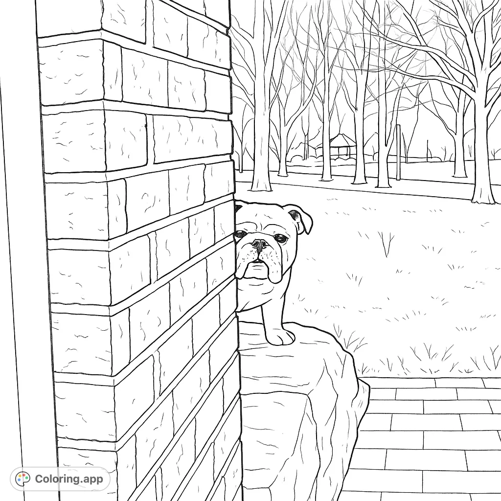 A charming bulldog peeks from behind a brick wall, standing on a rock with a grassy background. Perfect for animal lovers and detailed coloring.