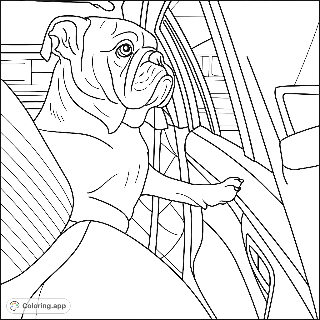 A charming bulldog gazes out a car window, its paw resting on the door. A delightful free printable bulldog coloring page for all ages.