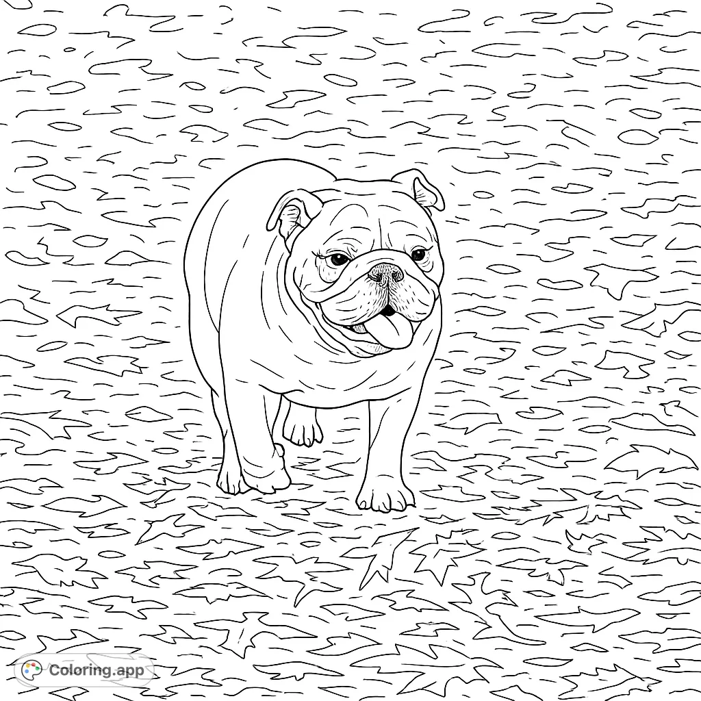 A charming bulldog walks through a carpet of fallen leaves, tongue out and a happy expression. A delightful dog coloring page for all ages.