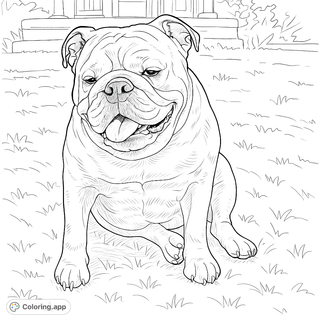 A charming bulldog with a happy expression, sitting on a grassy lawn. Perfect for dog lovers of all ages, offering a delightful coloring experience.