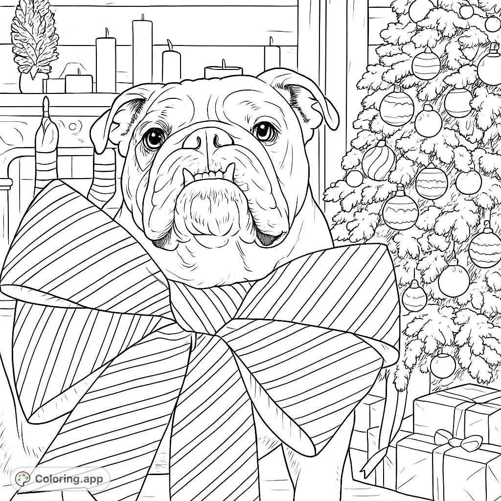 A charming bulldog wearing a large striped bow, set against a festive holiday backdrop with a decorated tree and fireplace. Perfect for holiday cheer!
