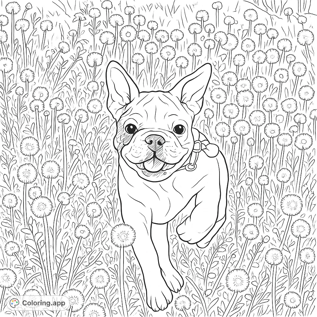 A delightful French Bulldog puppy joyfully runs through a field of fluffy dandelions. A charming scene perfect for animal lovers and nature enthusiasts.