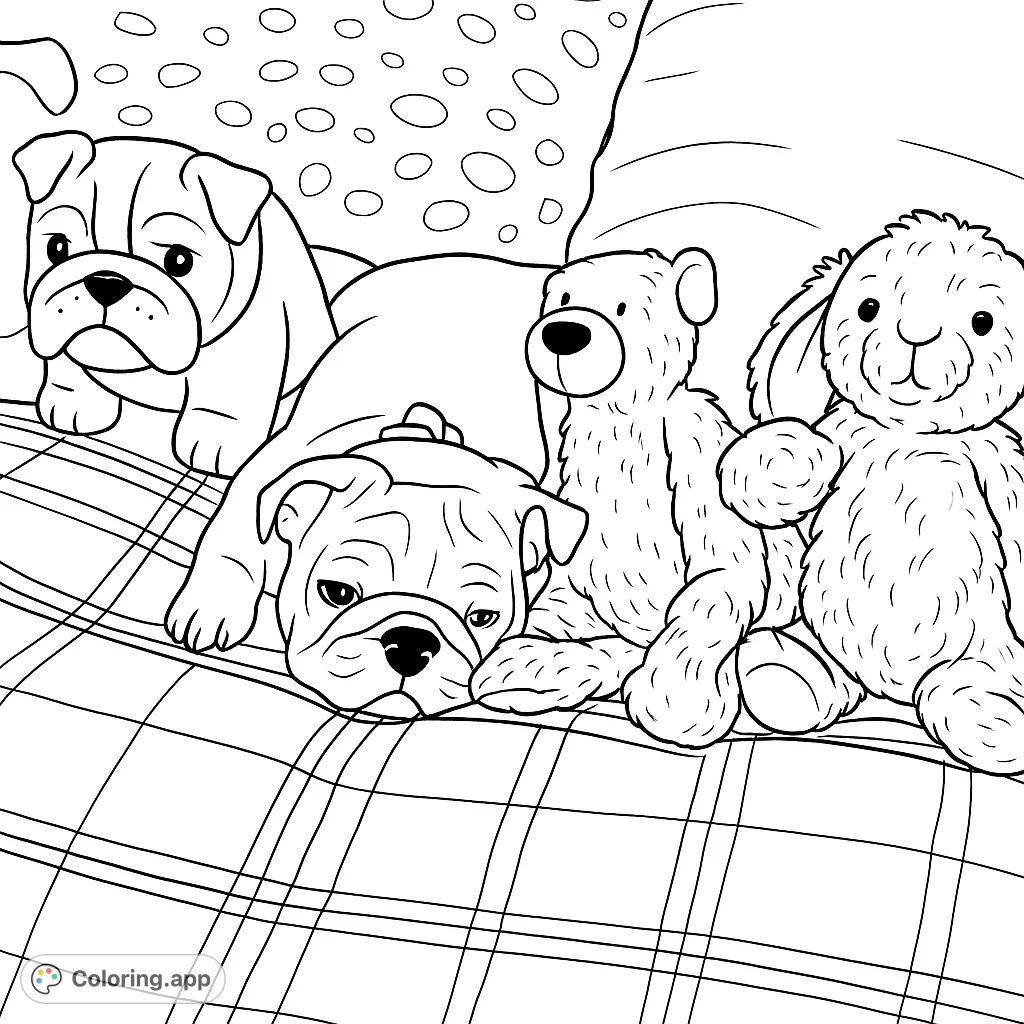 A sweet bulldog puppy rests peacefully with its collection of plush toys on a cozy plaid blanket. A heartwarming scene perfect for animal lovers.
