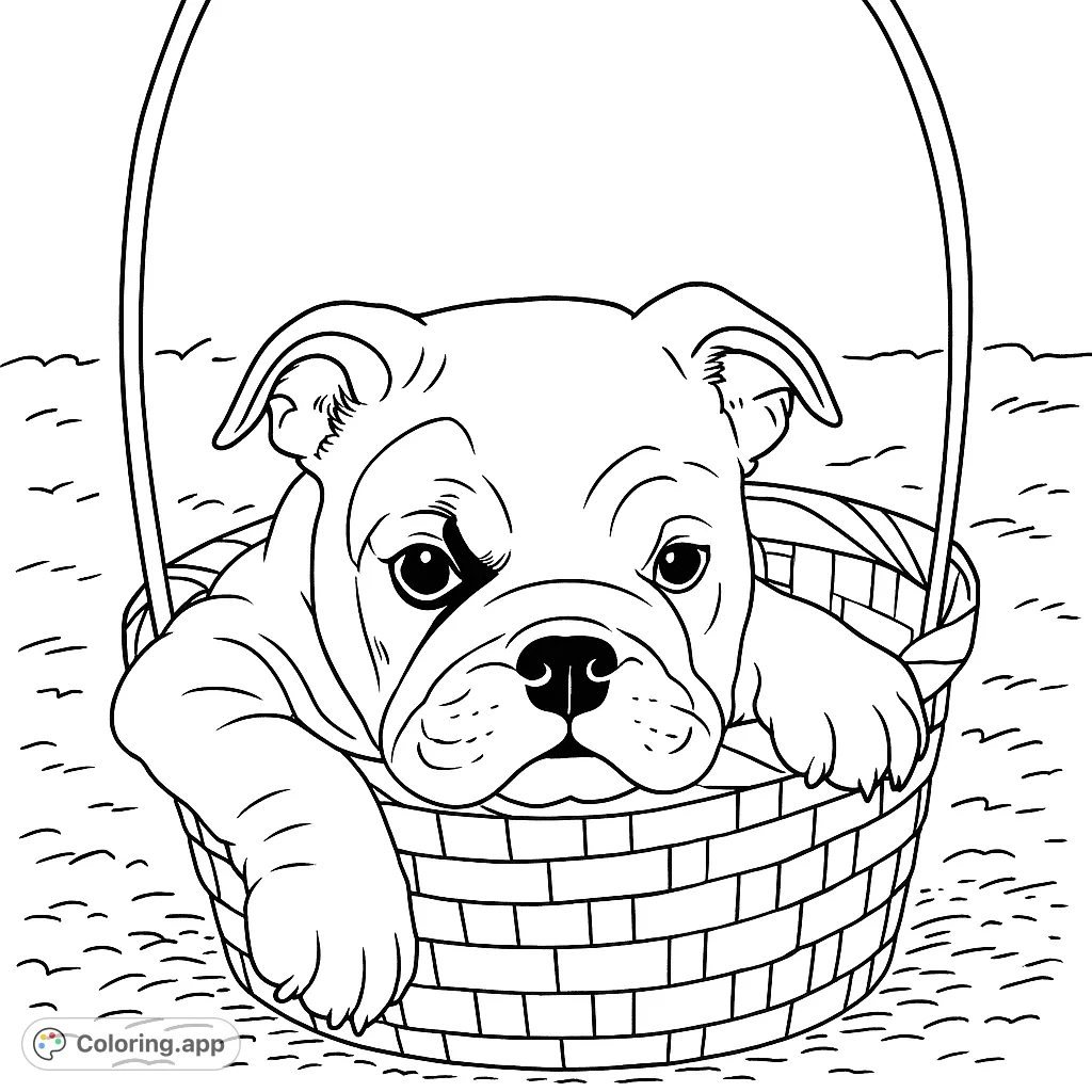 An adorable bulldog puppy peeking from a woven basket, ready for a fun coloring adventure. Perfect for animal lovers!