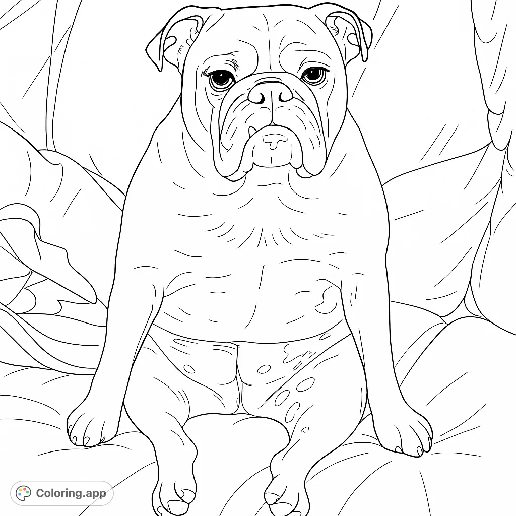 A charming bulldog sits comfortably on a couch, featuring its distinctive wrinkles and fur patterns. Perfect for dog lovers to color and enjoy.