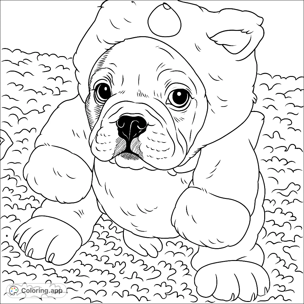 An adorable puppy dressed in a fluffy unicorn costume, complete with a horn and tiny hooves. A whimsical and charming scene perfect for coloring fun!
