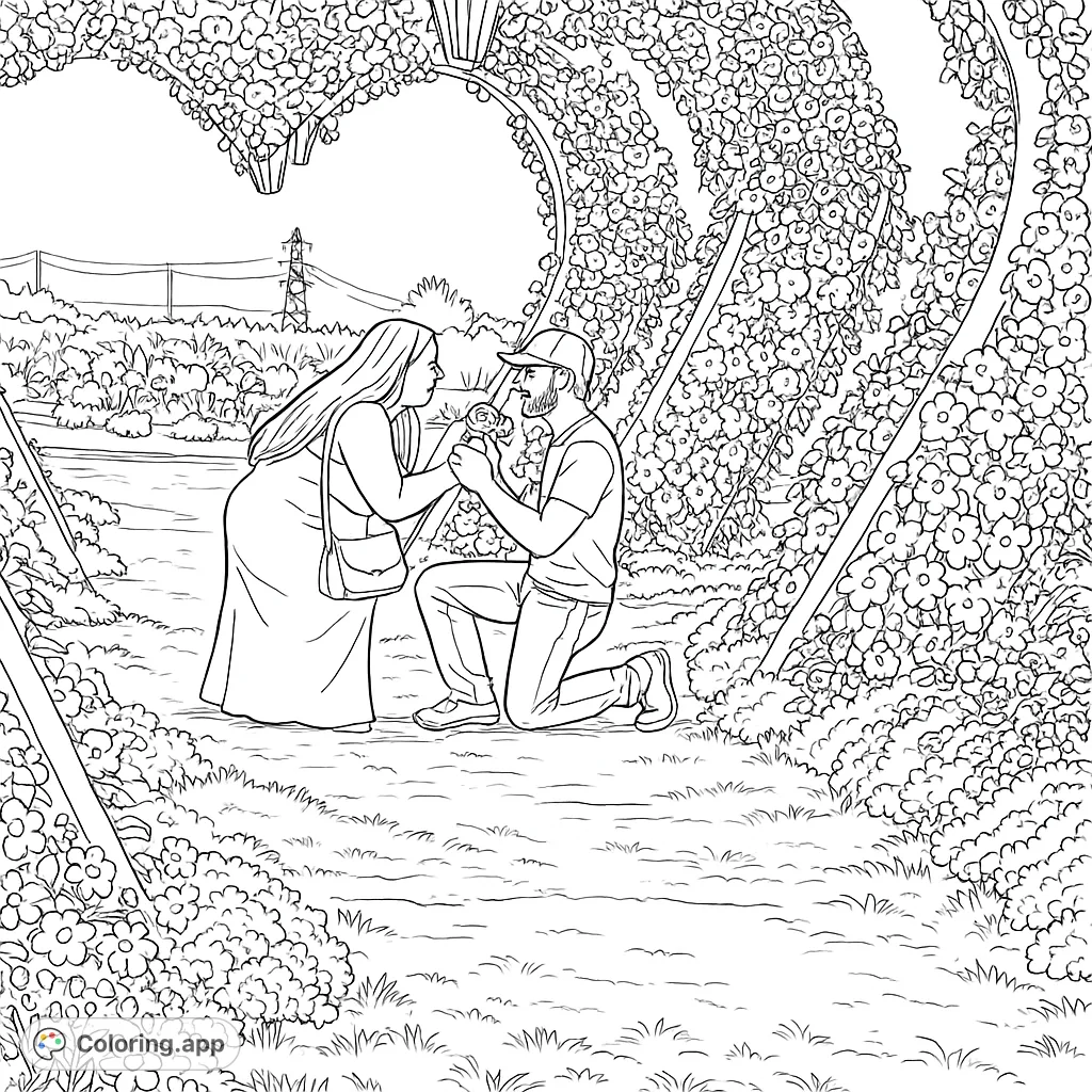 Capture a romantic proposal under a beautiful heart-shaped floral arch. A heartfelt moment in a blooming garden, perfect for celebrating love.