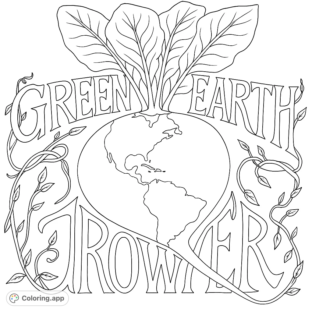 A unique 'Green Earth Growers' emblem featuring a root vegetable with Earth's continents, surrounded by stylized text and winding vines. Perfect for nature and gardening enthusiasts.