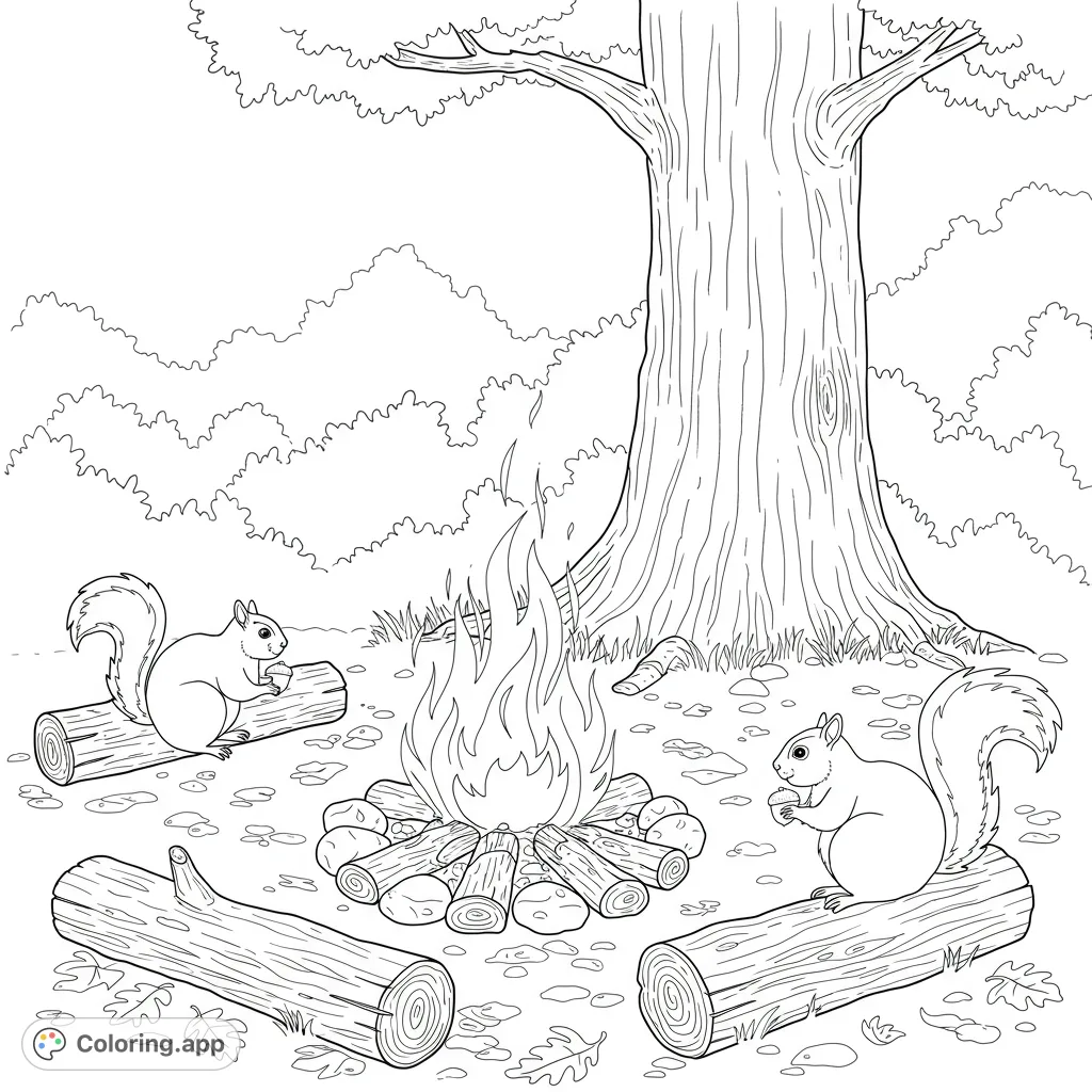 A cozy camping scene featuring a crackling campfire, playful squirrels, and a majestic big tree, perfect for a nature-themed coloring page.