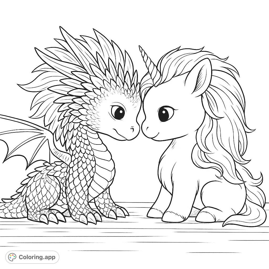 Adorable baby dragon and unicorn share a tender moment. A magical fantasy scene perfect for imaginative coloring adventures and mythical creature fans.