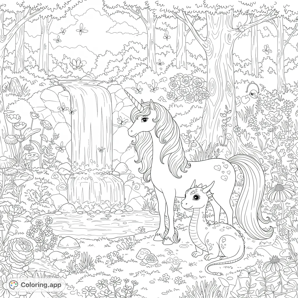 Enter a whimsical forest where a friendly unicorn and dragon share a magical moment by a waterfall, surrounded by fluttering butterflies and floating hearts.