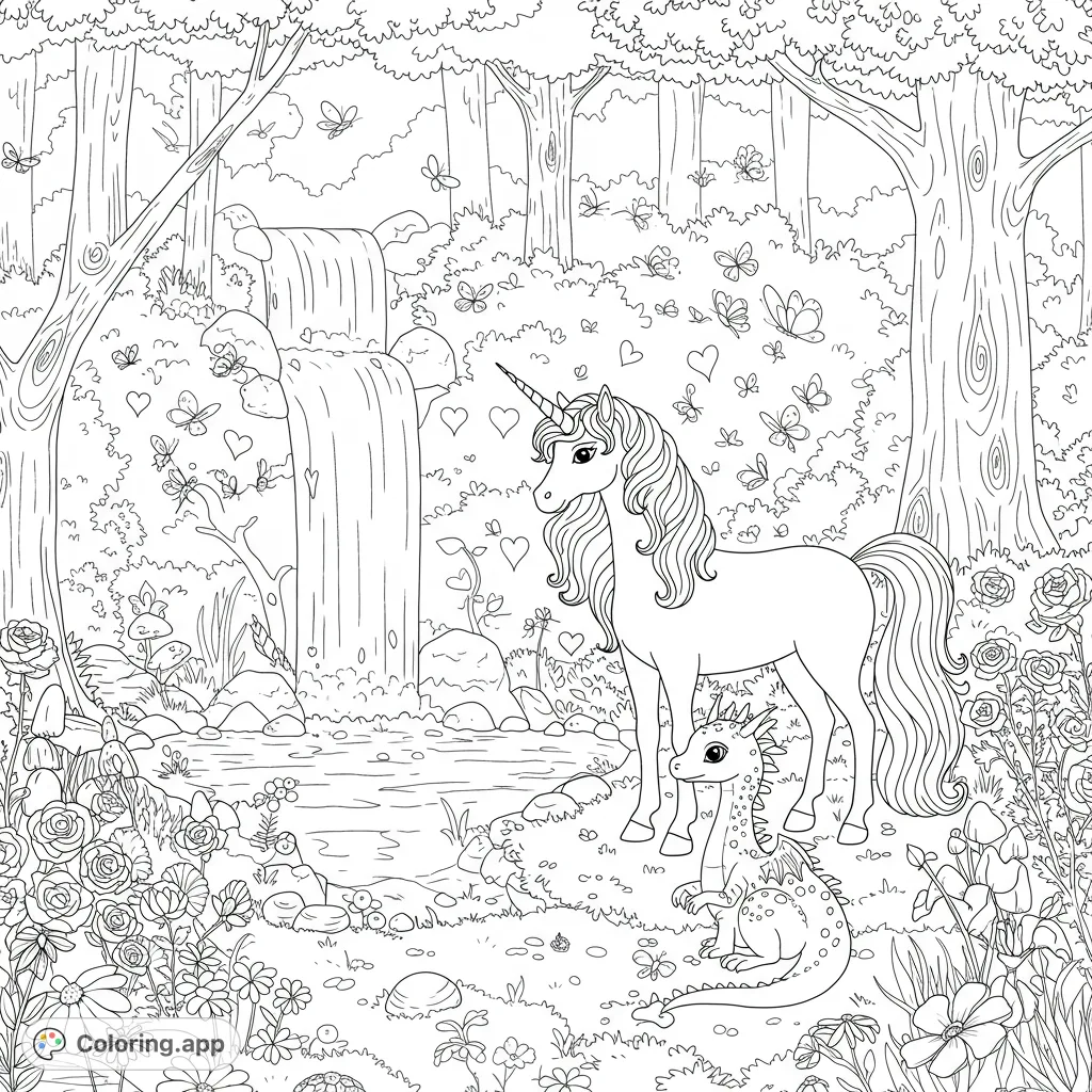 Enter a whimsical forest where a friendly unicorn and dragon share a magical moment by a waterfall, surrounded by fluttering butterflies and floating hearts.