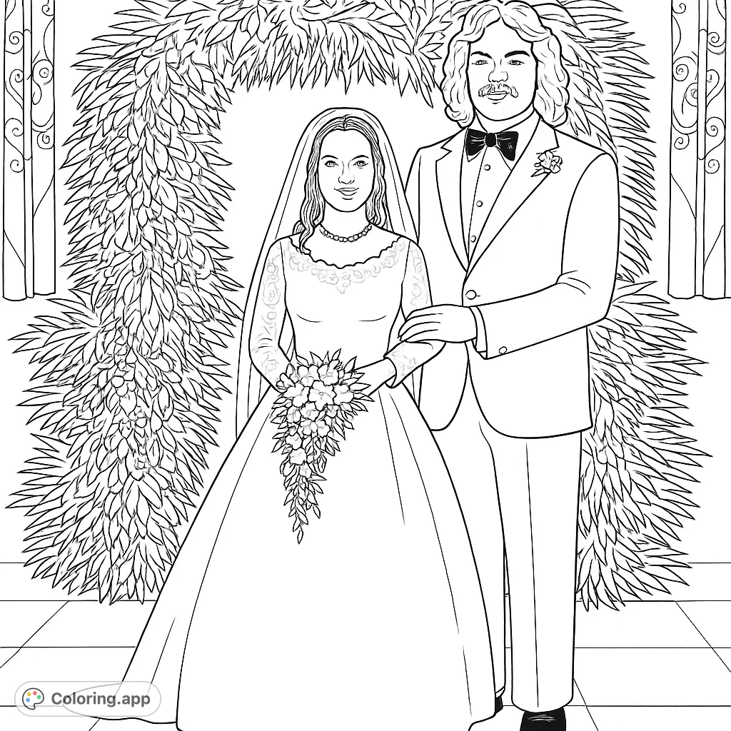A timeless wedding scene featuring a happy couple beneath a grand floral arch, perfect for celebrating love and special moments.