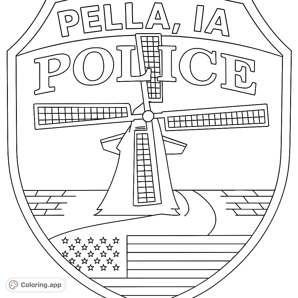 Color a detailed Pella Police emblem featuring a windmill, winding path, and American flag. A unique civic-themed coloring page.