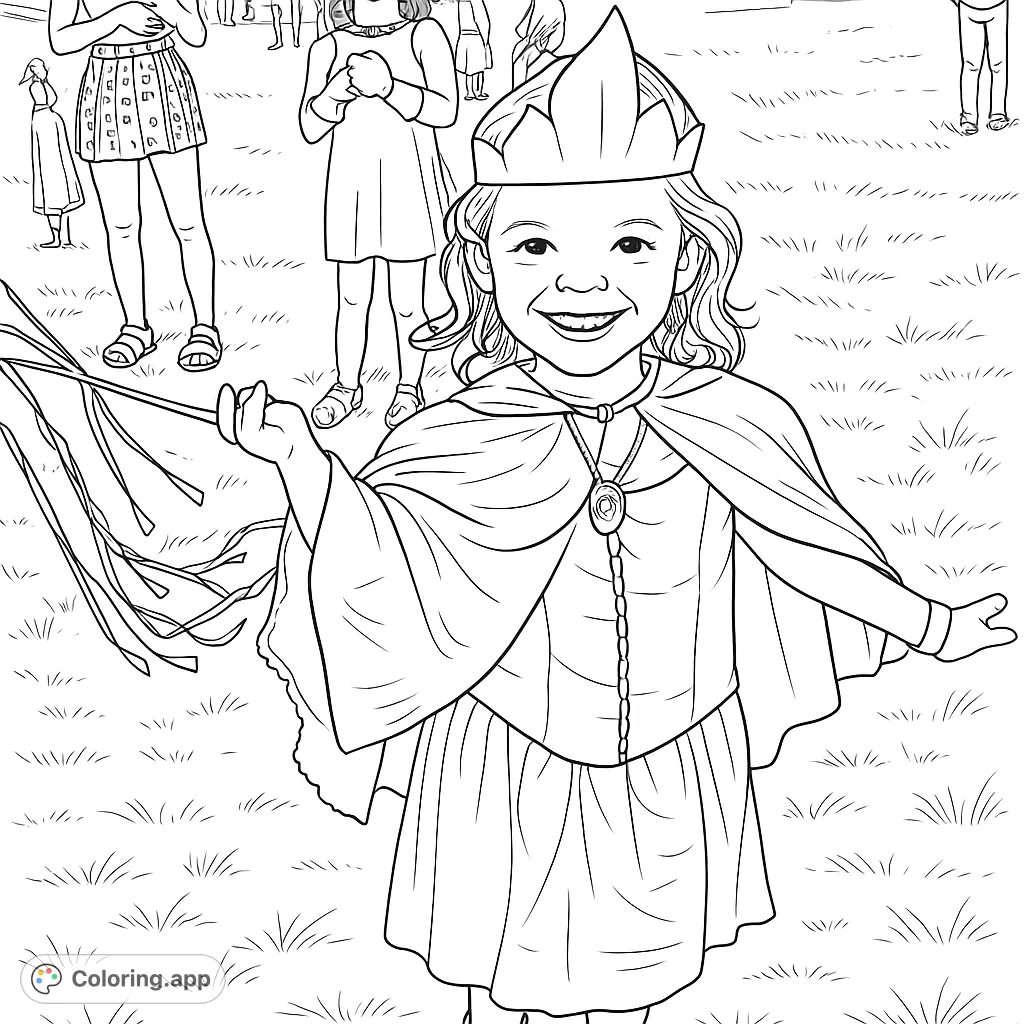 A delightful princess costume coloring page featuring a smiling child with a crown, cape, and flowing ribbons, perfect for imaginative play.