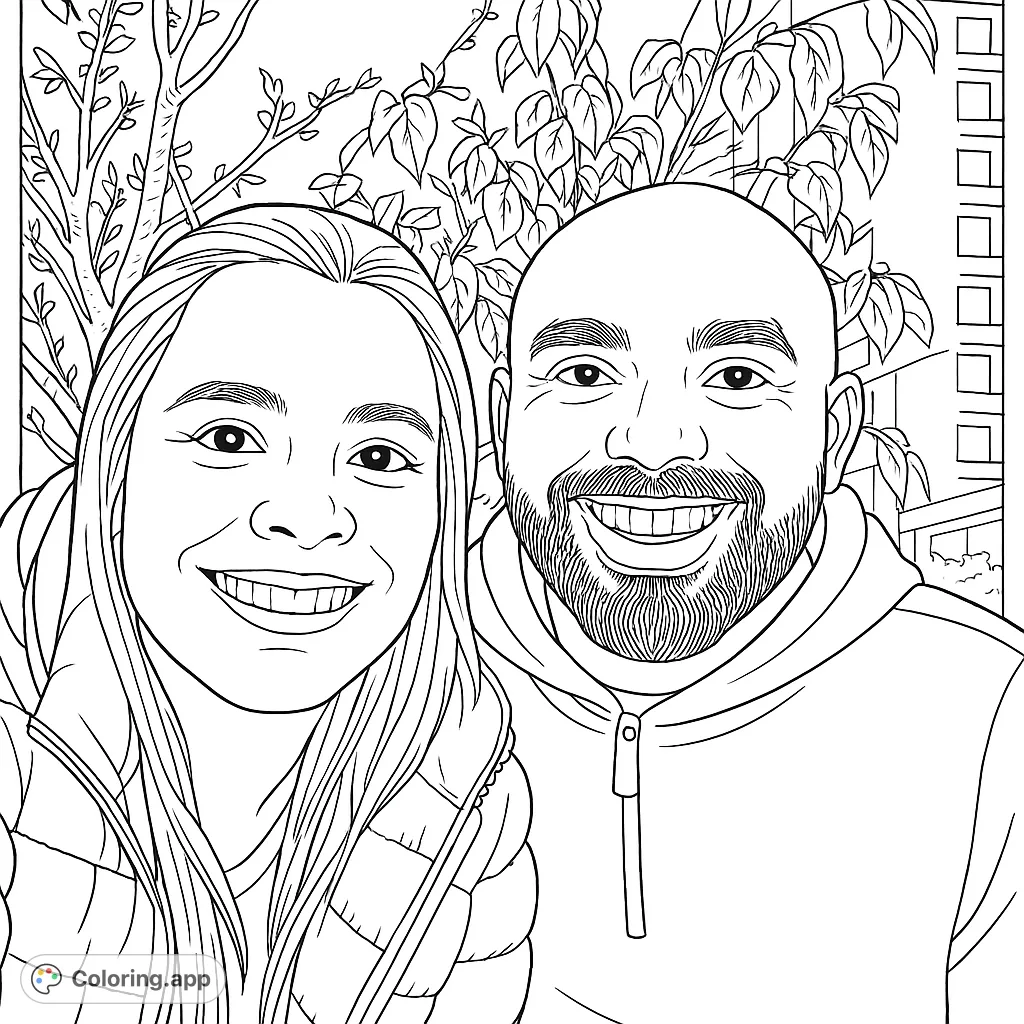 Capture the joy of a smiling couple in a night scene. This free printable portrait coloring page features two happy individuals with a leafy background.