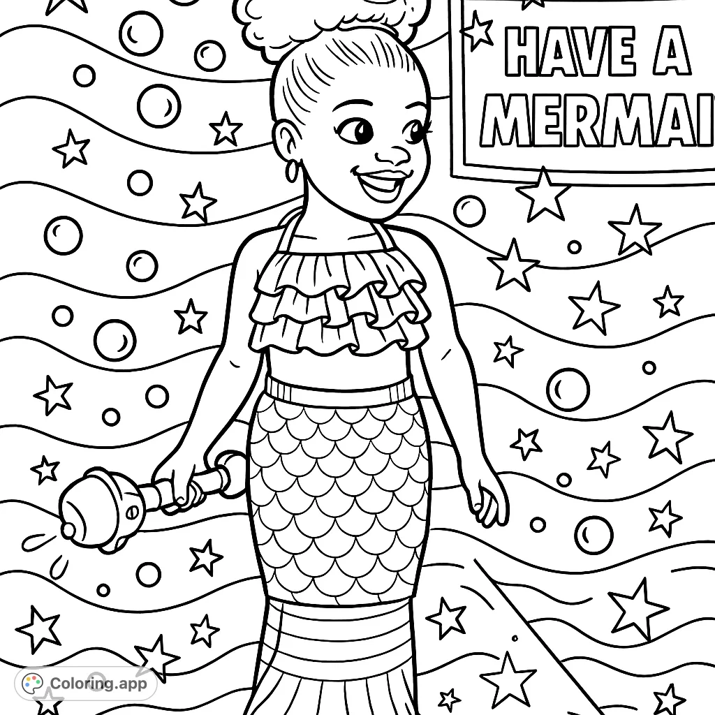 Dive into a whimsical mermaid world! A joyful child in a mermaid costume blows bubbles amidst an enchanting underwater-inspired scene with stars.