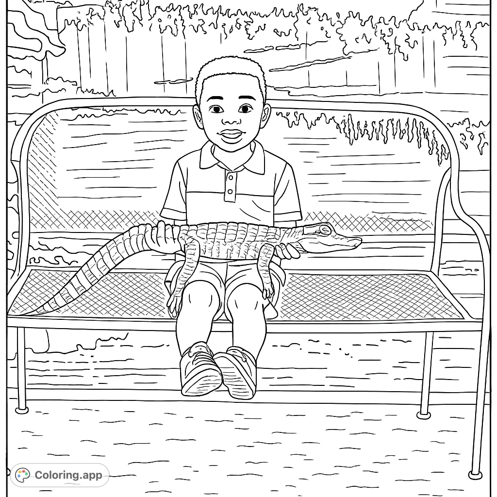 A charming coloring page featuring a young boy gently holding a small alligator while seated on a metal bench, perfect for animal lovers.