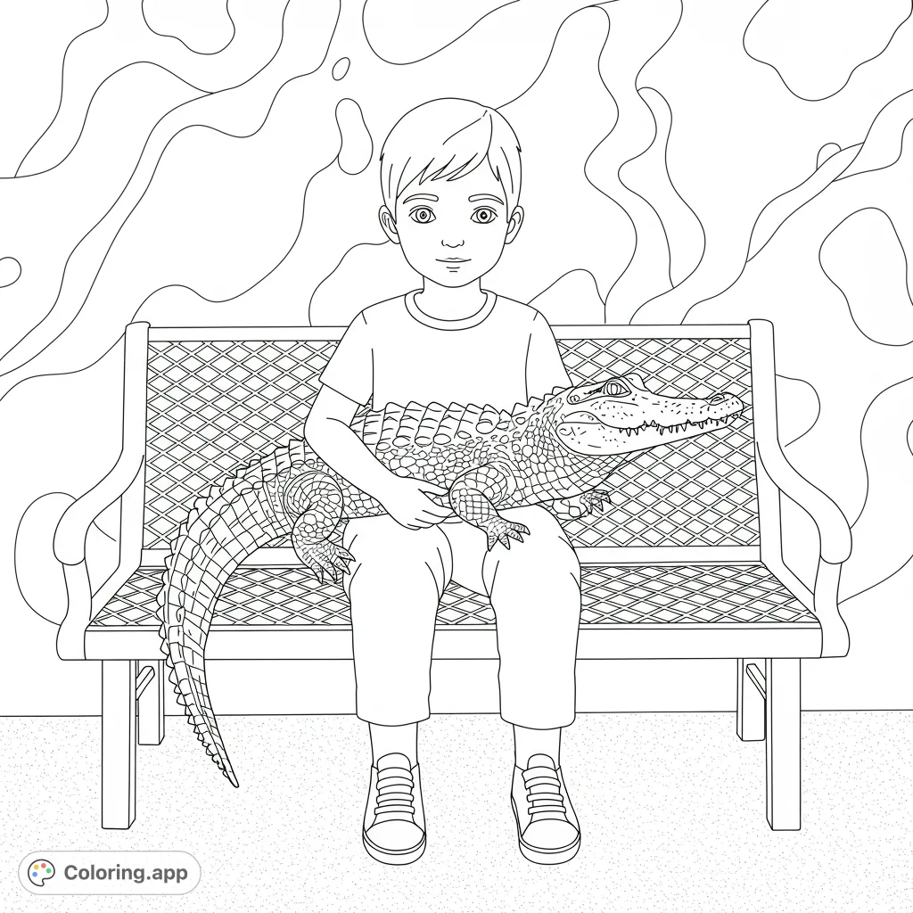 A charming boy holds a detailed alligator on a patterned bench, set against an abstract wall. Perfect for young animal lovers to color and explore textures.
