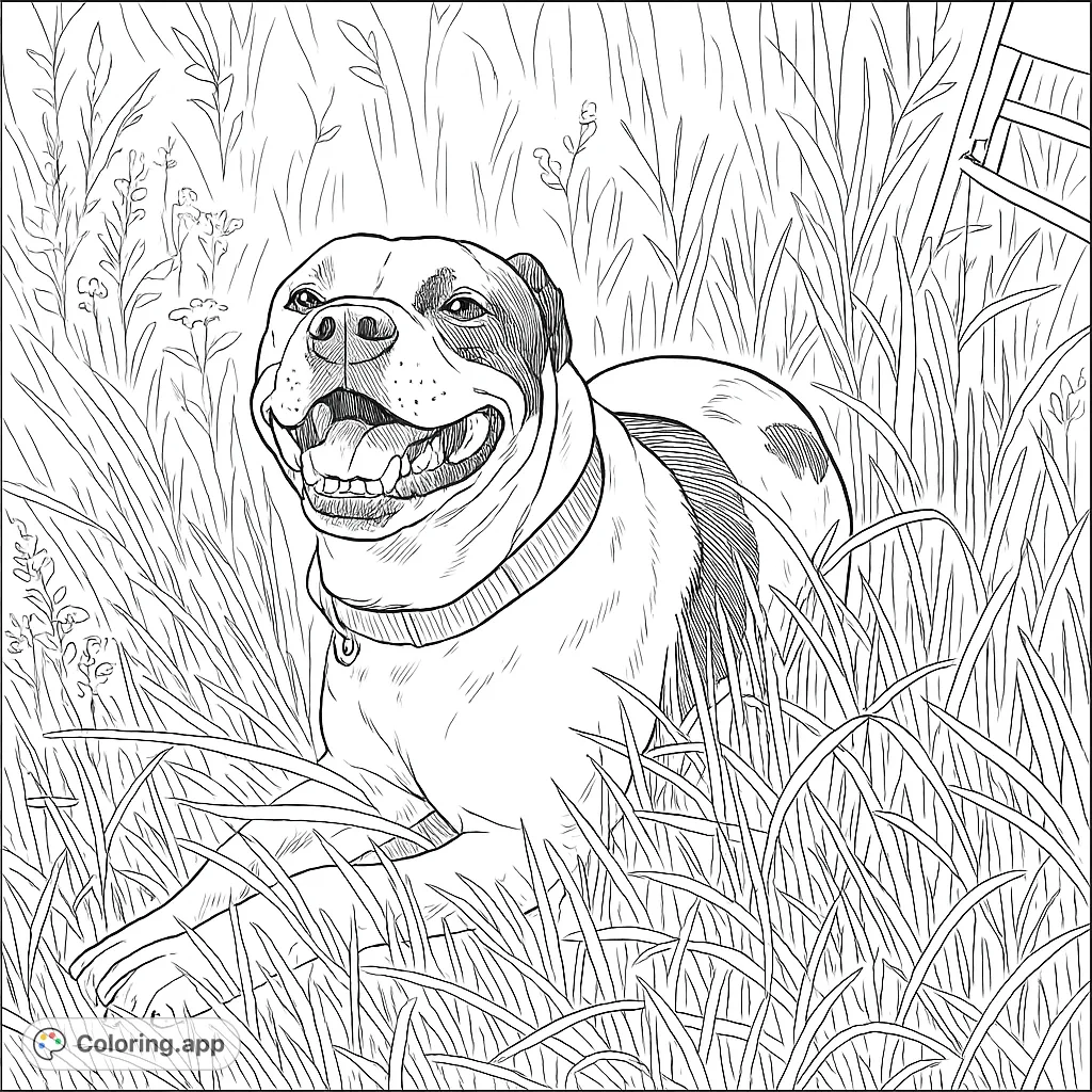 A joyful dog with distinctive markings rests in tall grass, mouth open in a happy expression. A delightful pet coloring page for all ages.