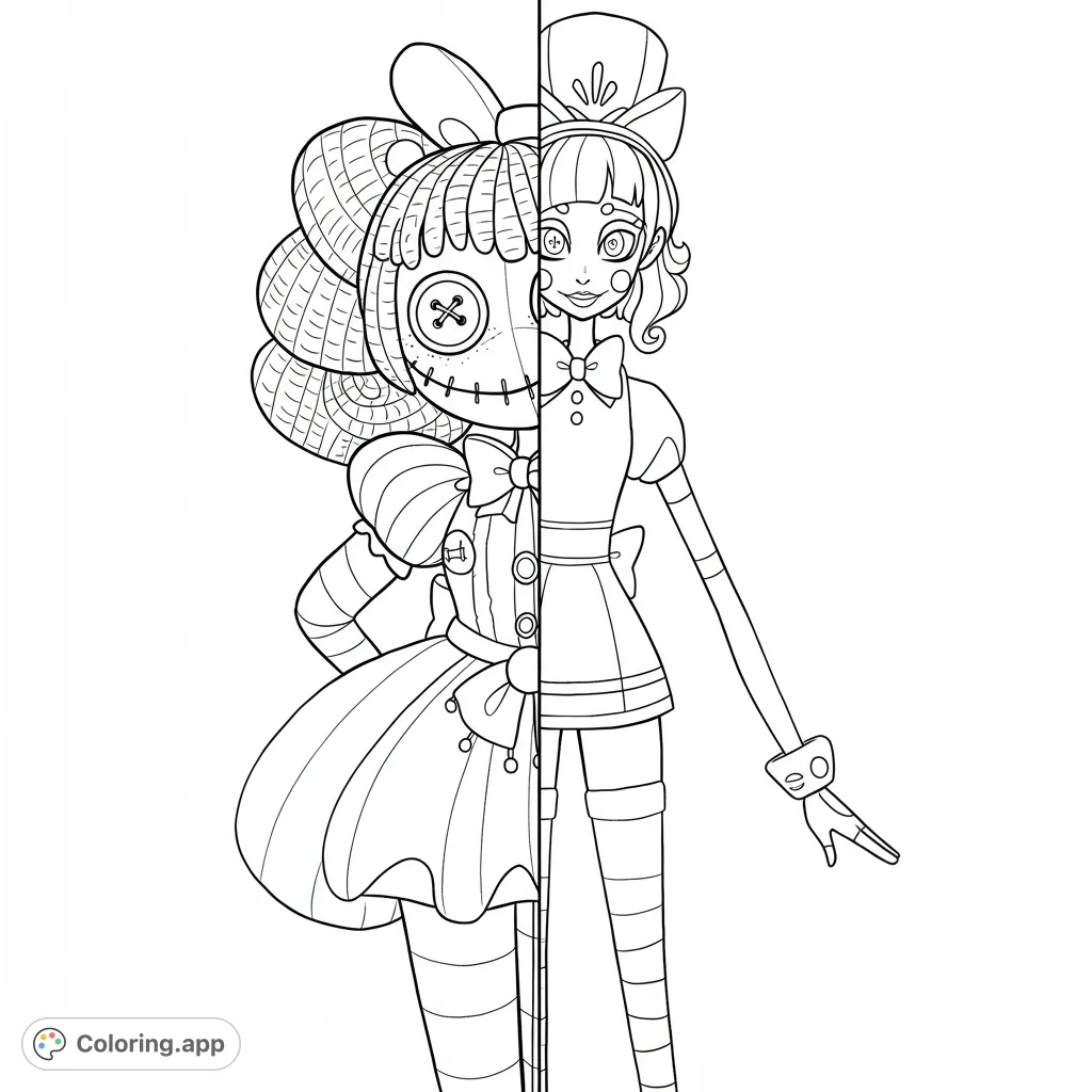Explore a unique split portrait featuring Ragatha from Digital Circus and Miss Delight from Poppy Playtime, merging two distinct characters in one captivating design.