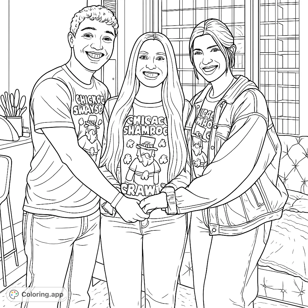 Three friends smiling, linking arms, wearing themed shirts, against a city backdrop. A fun, celebratory scene.