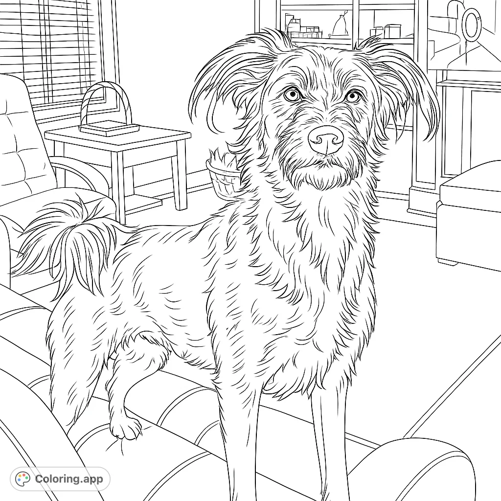 A charming shaggy dog stands attentively in a cozy home setting, perfect for animal lovers to bring to life with their favorite colors.