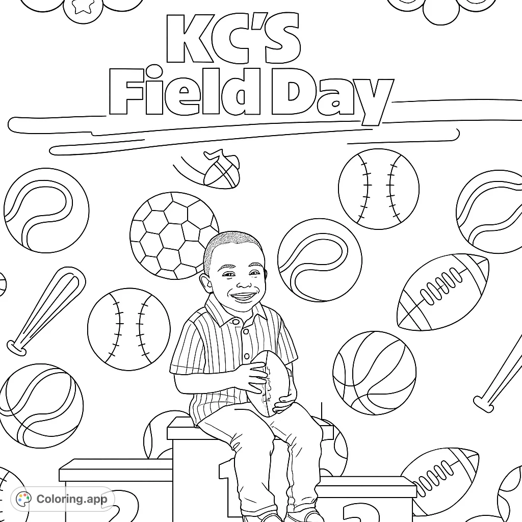 Celebrate sports and achievement with this fun field day coloring page featuring a child on a podium surrounded by various sports equipment.