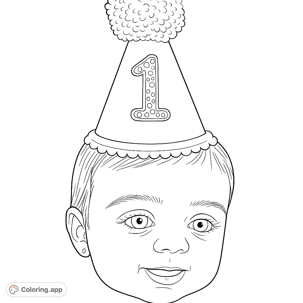 Celebrate a special milestone with this adorable baby in a festive party hat, perfect for first birthday fun and creative coloring!