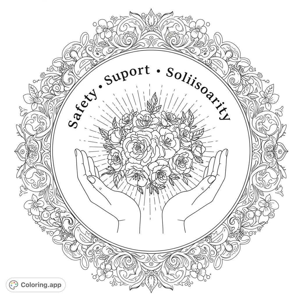 A powerful solidarity coloring page featuring hands cupping flowers, framed by intricate vines and geometric patterns, symbolizing safety, support, and community.