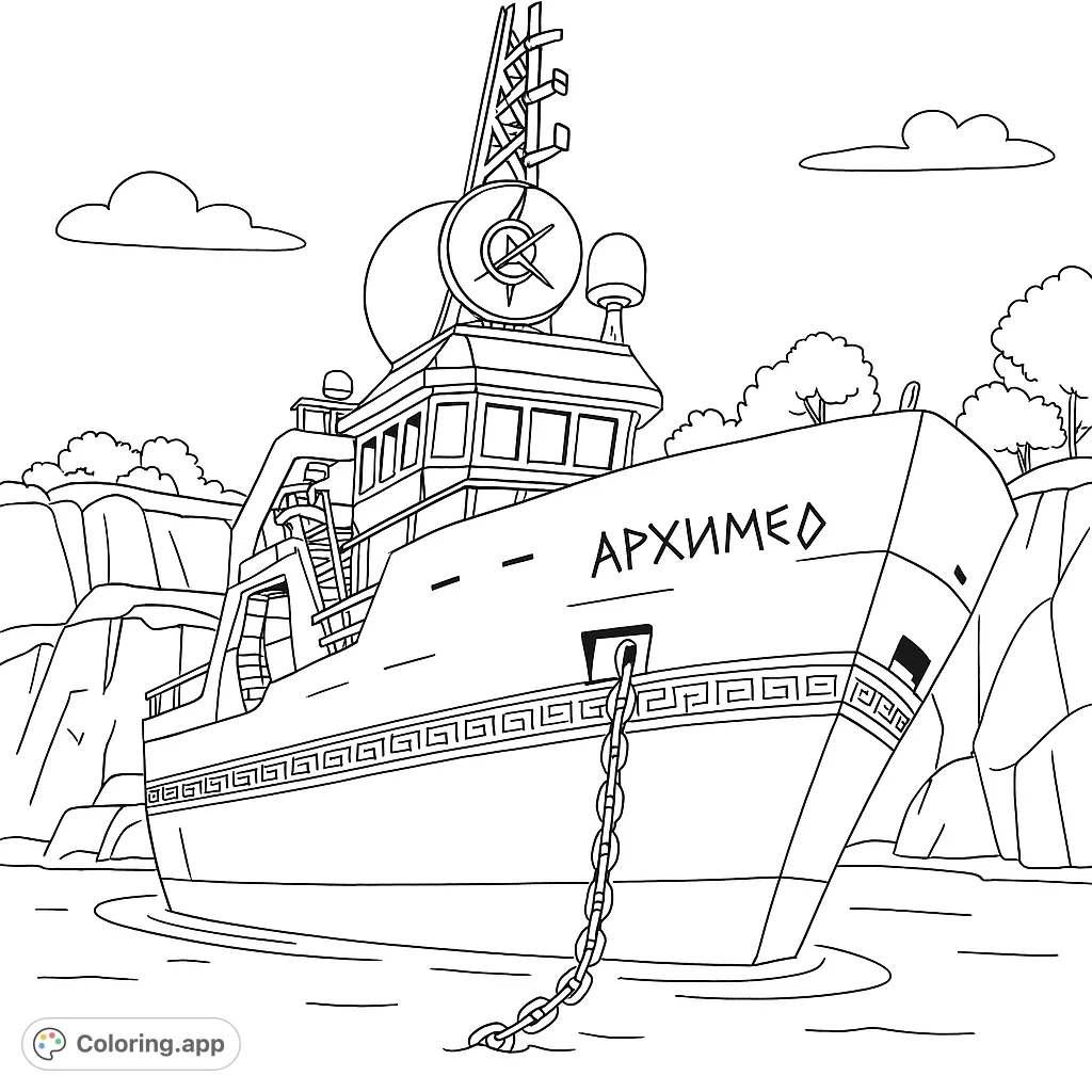 Explore a detailed research vessel docked by rugged cliffs. A fascinating ship with scientific equipment, perfect for an adventurous coloring journey.